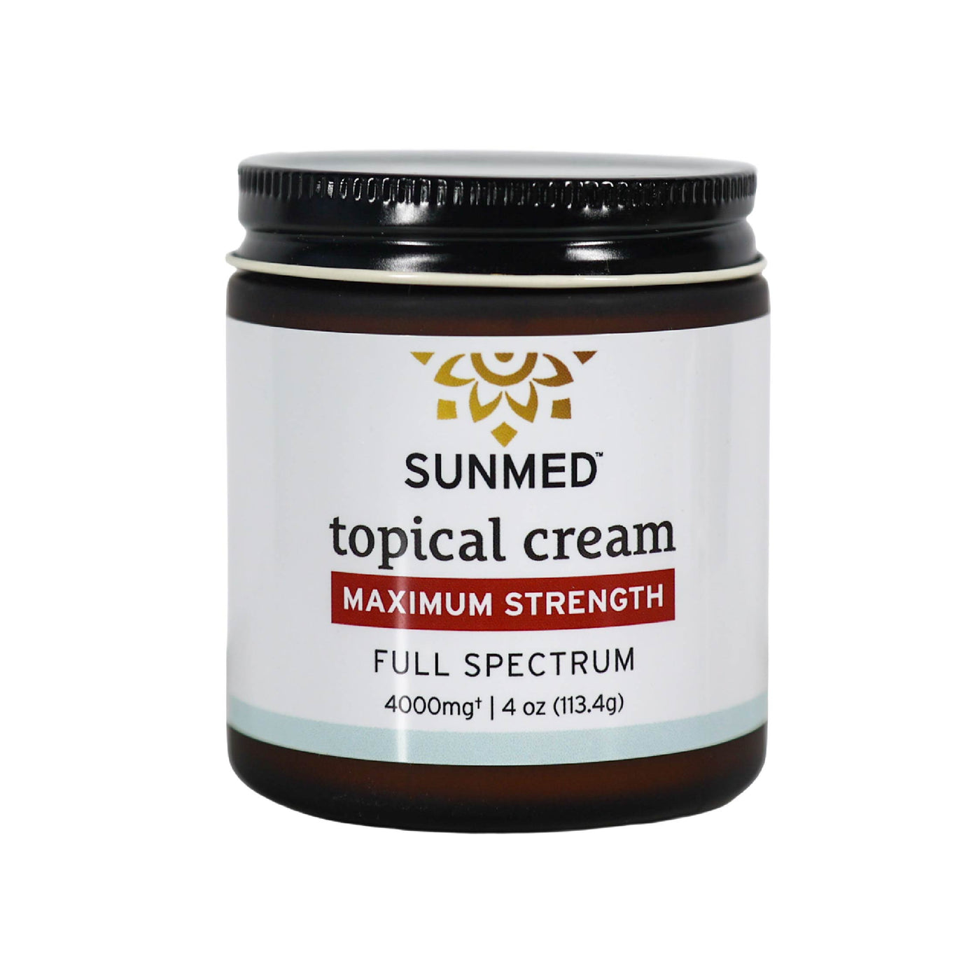 A 4 oz (113.4g) jar of Sunmed CBD Full Spectrum Relief CBD Cream, 4000mg, delivers powerful topical relief with premium hemp extract.