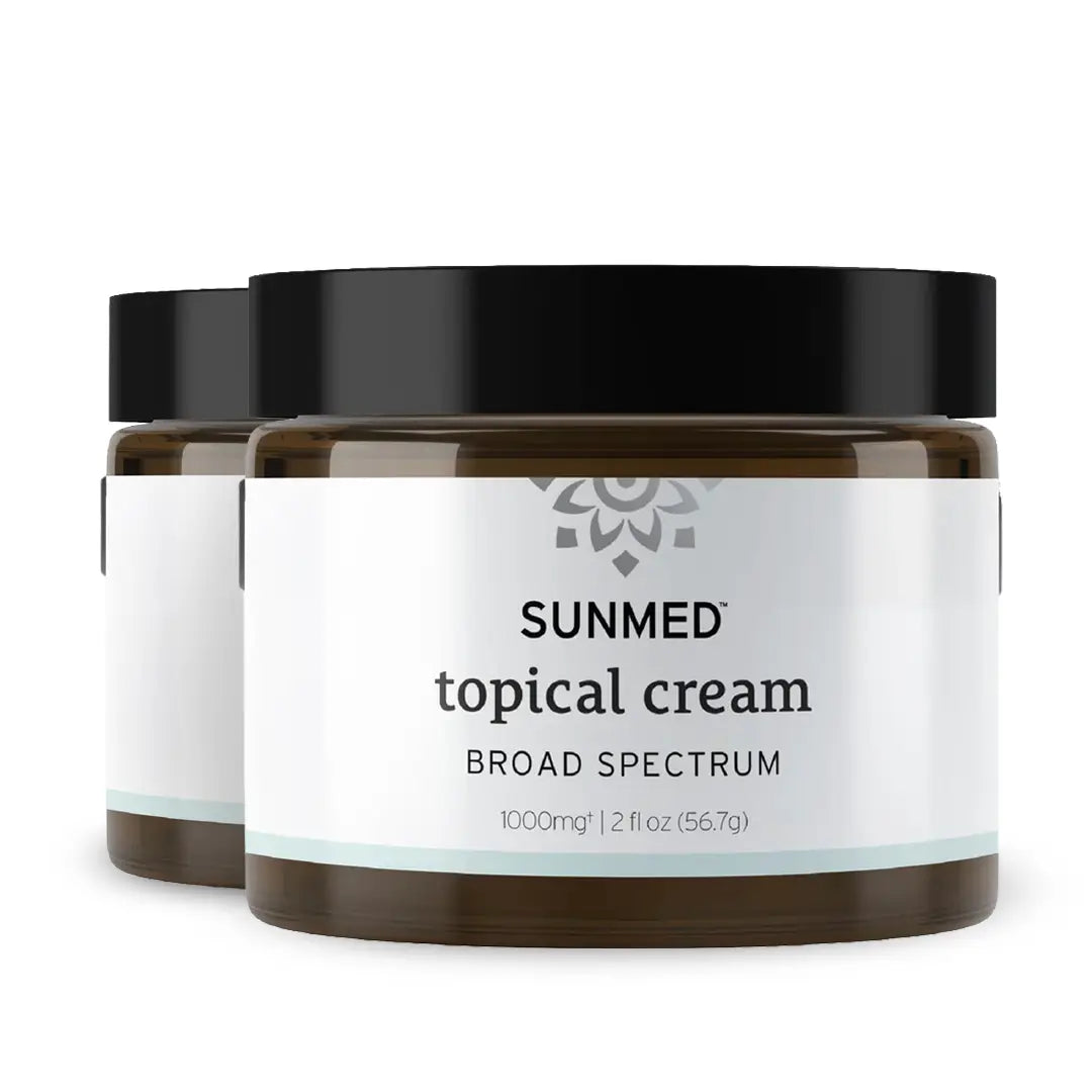 Two jars of Sunmed CBD *20% Off* - 1000mg Broad Profile Topical Cream, Regular Strength 2-Pack, shown side by side.