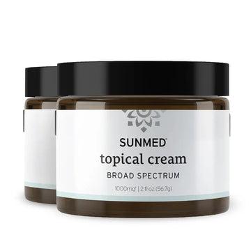 Two jars of Sunmed CBD *20% Off* - 1000mg Broad Profile Topical Cream, Regular Strength 2-Pack, shown side by side.