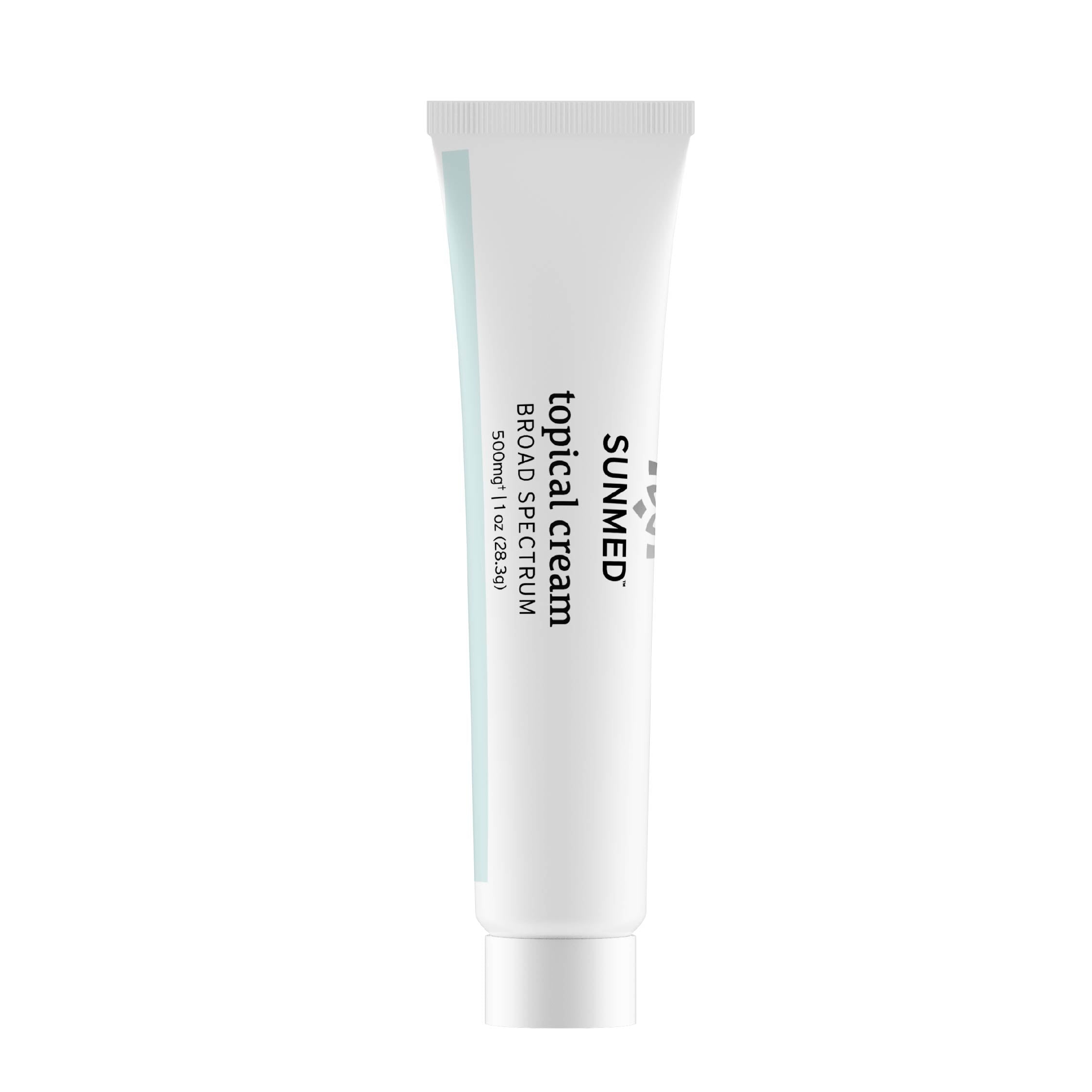 A white tube labeled "Sunmed CBD Broad Spectrum Topical Cream Sample Tube, 50ml (1.69 fl oz)" is shown on a plain background.