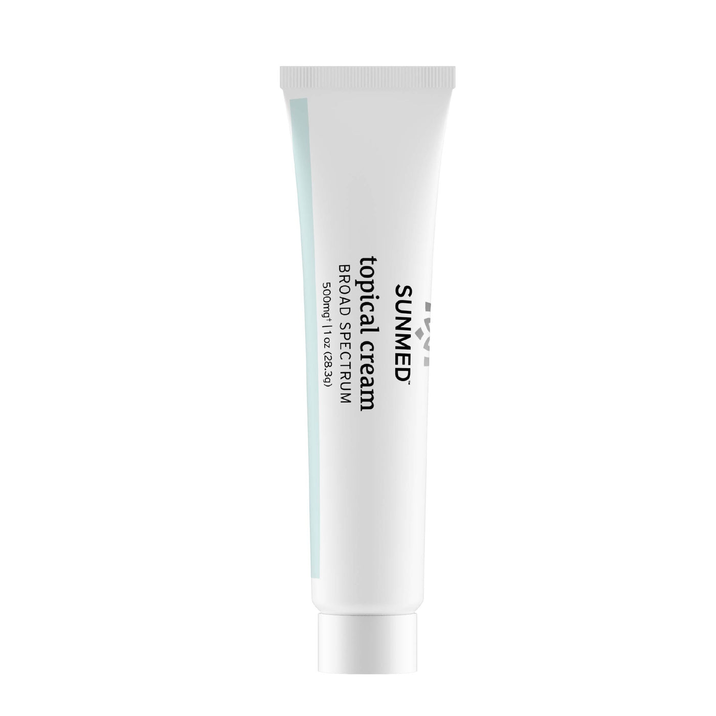 A white tube labeled "Sunmed CBD Broad Spectrum Topical Cream Sample Tube, 50ml (1.69 fl oz)" is shown on a plain background.