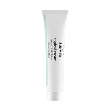 A white tube labeled "Sunmed CBD Broad Spectrum Topical Cream Sample Tube, 50ml (1.69 fl oz)" is shown on a plain background.