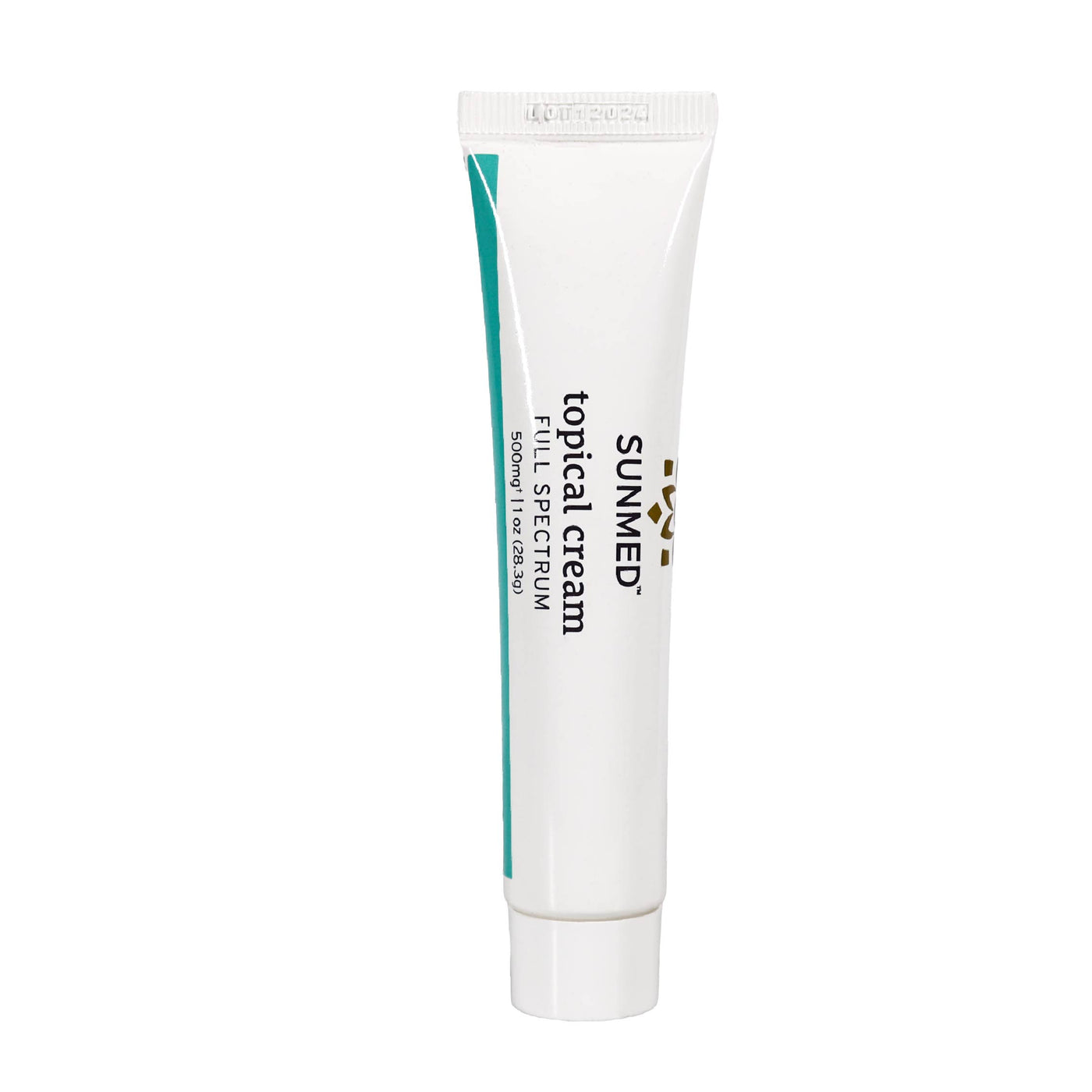 A white tube labeled "Sunmed CBD Full Spectrum Topical Cream Sample Tube" stands upright on a white background.