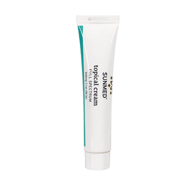 A white tube labeled "Sunmed CBD Full Spectrum Topical Cream Sample Tube" stands upright on a white background.