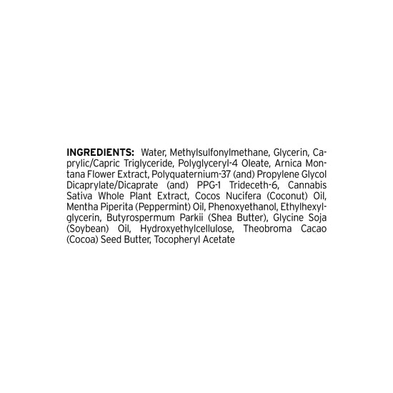 A close-up of the Full Spectrum Topical Cream Sample Tube label from Sunmed CBD, displaying a list of skincare ingredients in black text on a white background.