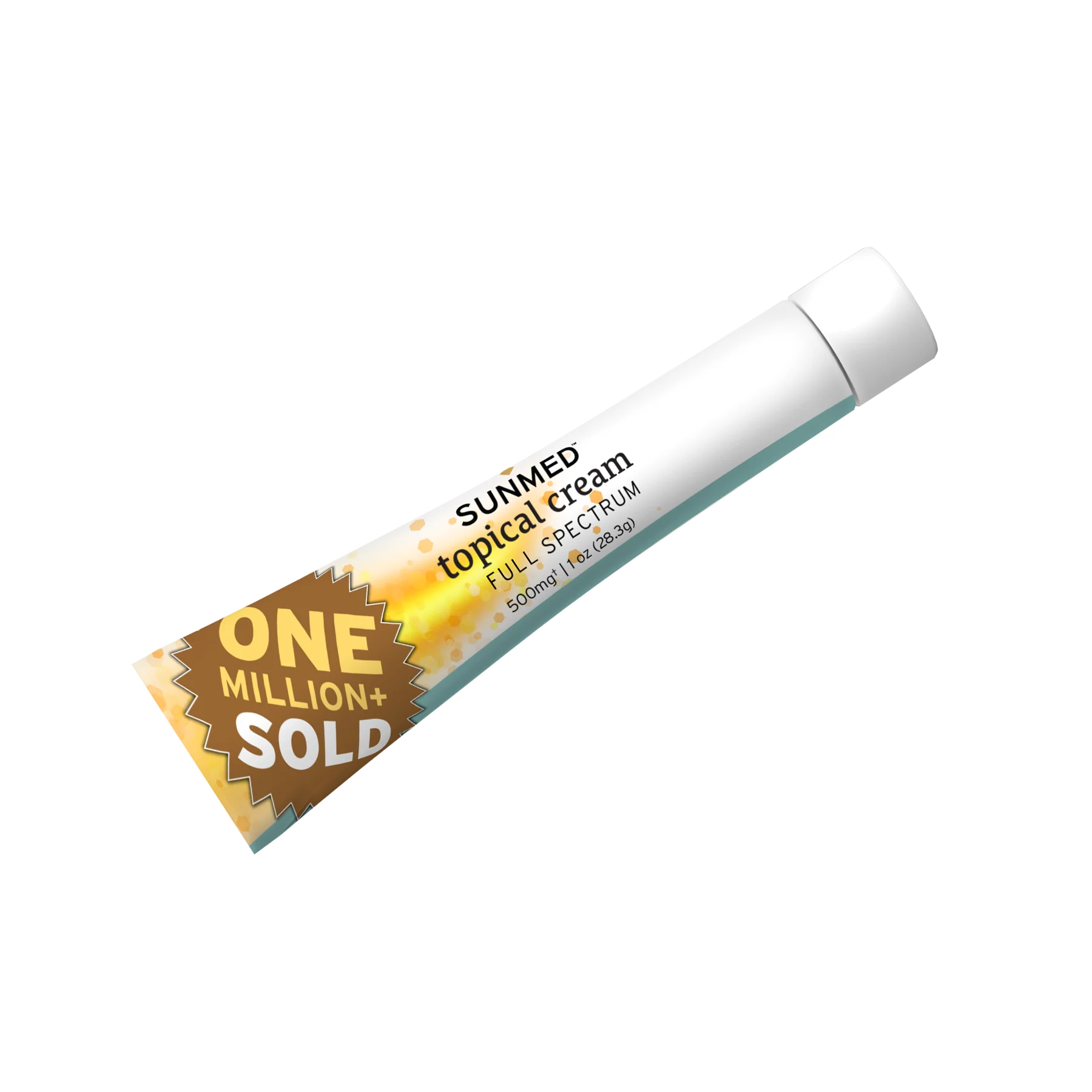 A sample tube labeled "Sunmed CBD Full Spectrum Relief CBD Cream" is displayed on a white background with a gold "One Million+ Sold" badge, emphasizing its powerful full spectrum topical relief formula.