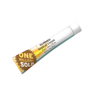 A sample tube labeled "Sunmed CBD Full Spectrum Relief CBD Cream" is displayed on a white background with a gold "One Million+ Sold" badge, emphasizing its powerful full spectrum topical relief formula.