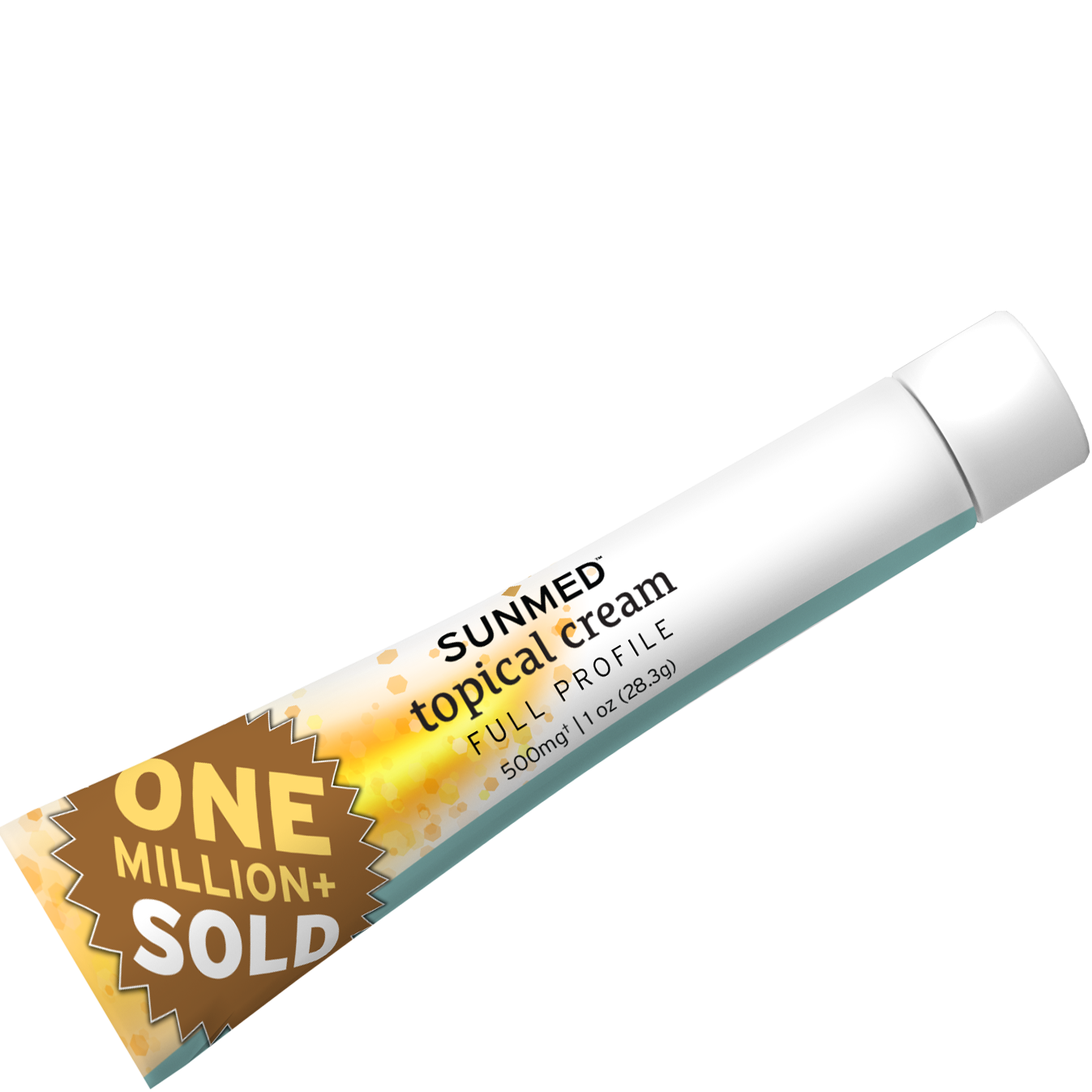 White tube labeled "Sunmed CBD Full Spectrum Topical Cream Sample Tube" with a gold badge reading "ONE MILLION+ SOLD.