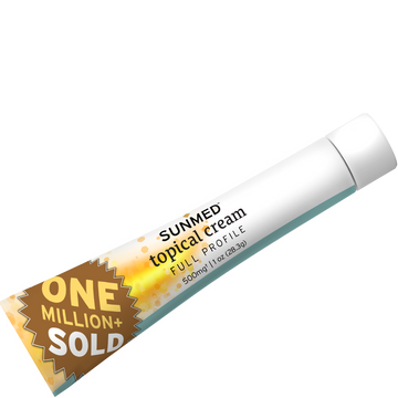 White tube labeled "Sunmed CBD Full Spectrum Topical Cream Sample Tube" with a gold badge reading "ONE MILLION+ SOLD.