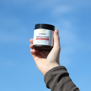 A hand holds a jar of Sunmed CBD Full Spectrum Relief CBD Cream against a clear blue sky background.