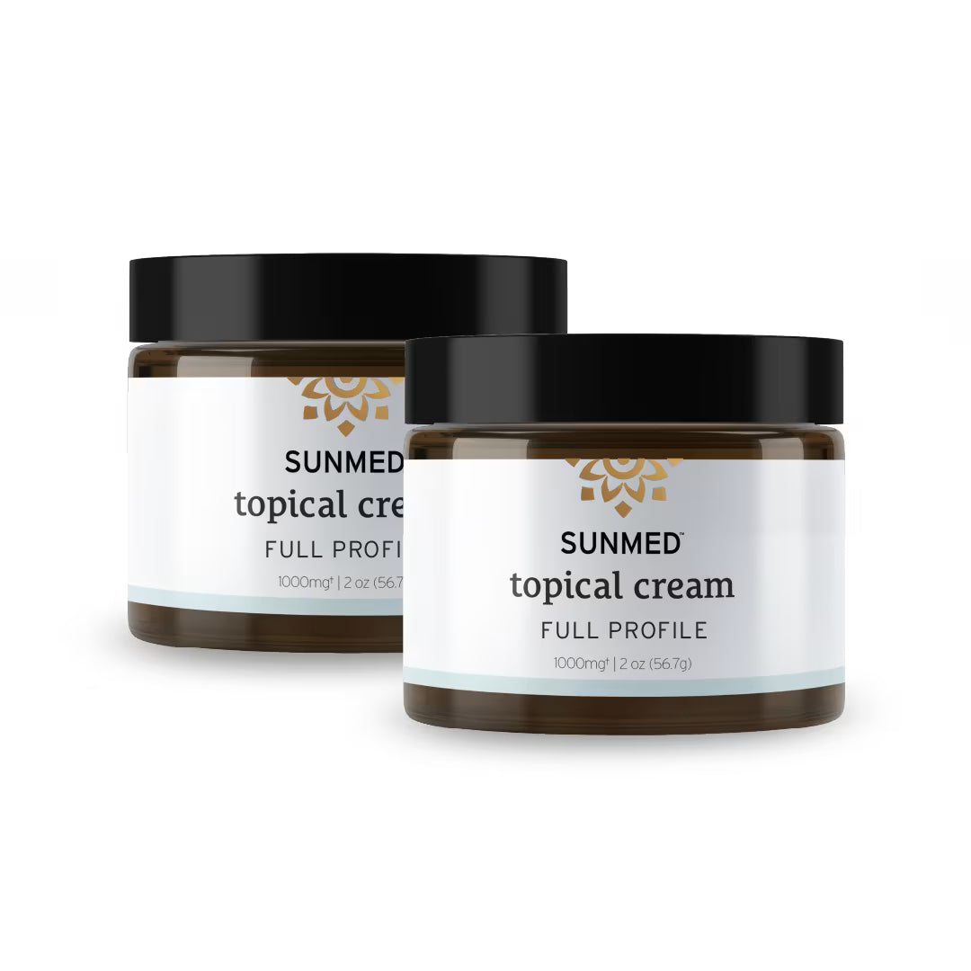Two jars of Sunmed CBD *20% Off* - Full Profile Relief Cream 1000mg Regular Strength 2-Pack, each 2 oz (56.7g), are shown on a white background.