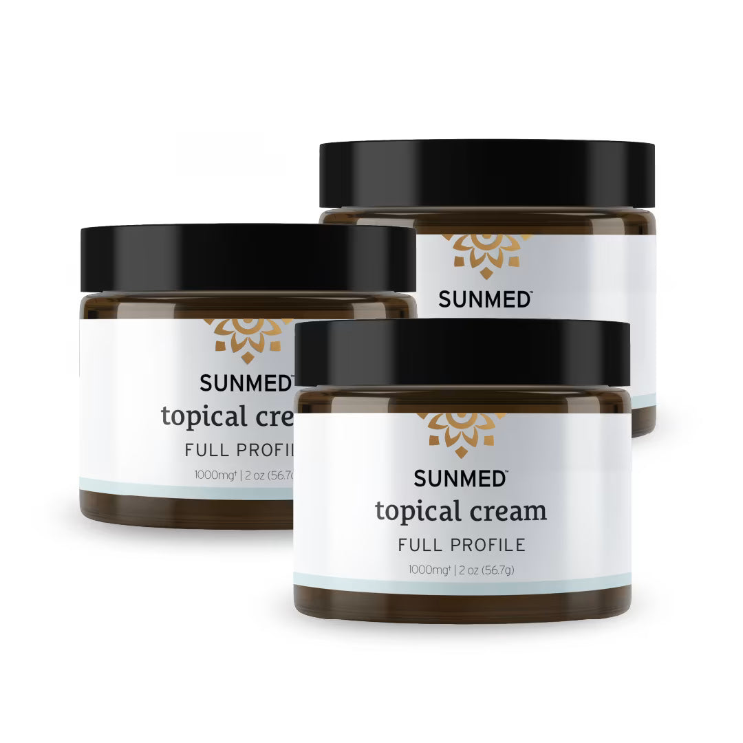 Three jars from the Sunmed CBD *30% Off* Full Profile Relief Cream 1000mg Regular Strength 3-Pack, each featuring black lids and white labels.