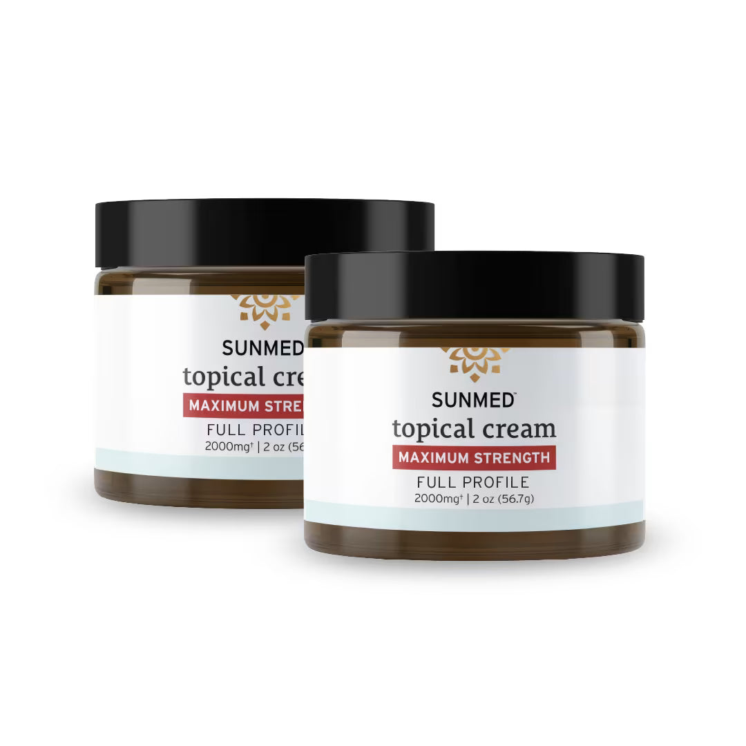 Two jars of *20% Off* Sunmed CBD Full Profile Relief Cream, Max Strength 2000mg (2 oz each), 2-Pack.