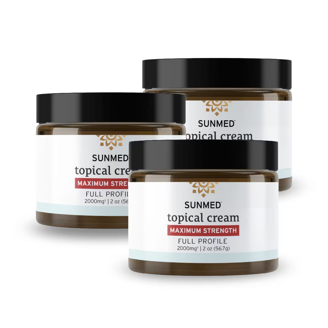 Three jars of Sunmed CBD *30% Off* - Full Profile Relief Cream 2000mg Max Strength 3-Pack, each in a 2oz container with black lids, displayed on a white background.