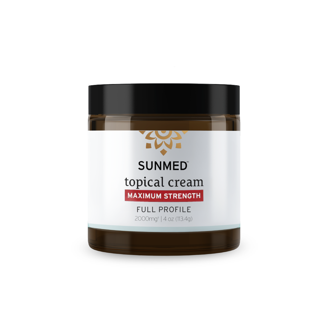 A jar of Sunmed CBD *15% Off* - 4000mg Broad Profile Topical Cream Max Strength, featuring a black lid and white label.