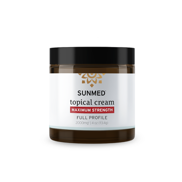 A jar of Sunmed CBD *15% Off* - 4000mg Broad Profile Topical Cream Max Strength, featuring a black lid and white label.