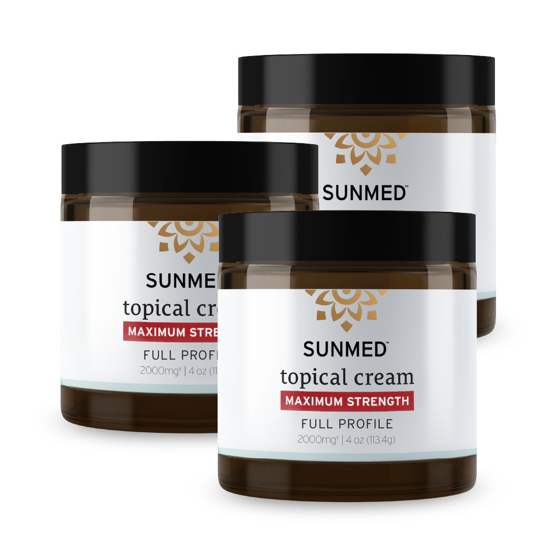 Three jars of Sunmed CBD 4000mg Broad Profile Topical Cream Max Strength, featured as a 3-pack with *30% Off*, displayed against a white background.