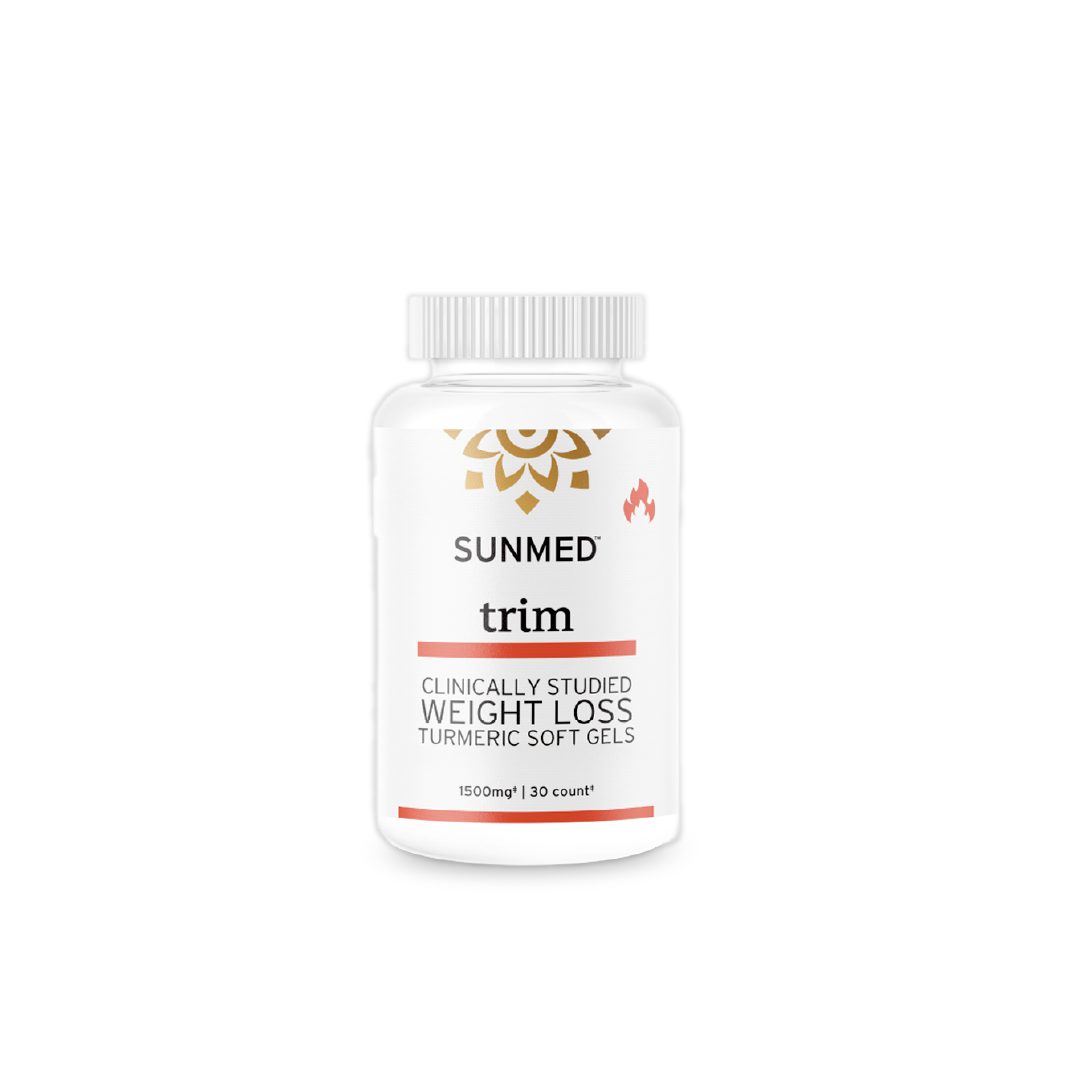 White bottle labeled “Sunmed CBD *15% Off* - Full Profile Trim Capsules, 30 count” on white background.