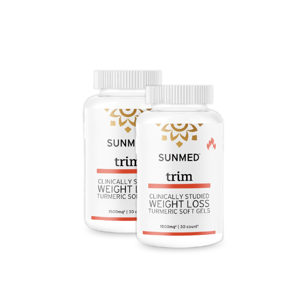 Two bottles of Sunmed CBD *20% Off* - Full Profile Trim Capsules 2-Pack, featuring white labels with gold accents for weight loss.