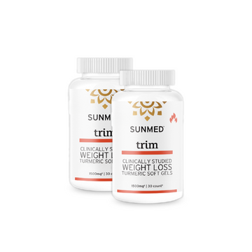 Two bottles of Sunmed CBD *20% Off* - Full Profile Trim Capsules 2-Pack, featuring white labels with gold accents for weight loss.