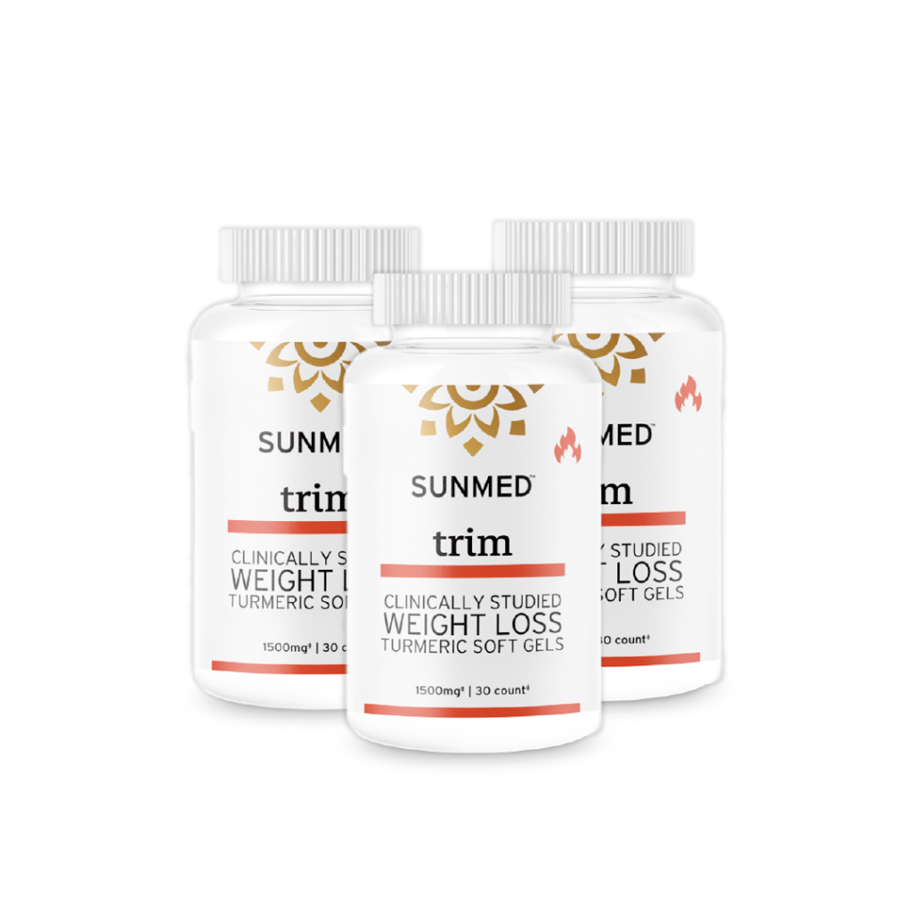 Three white bottles of Sunmed CBD *30% Off* - Full Profile Trim Capsules 3-Pack, displayed side by side.