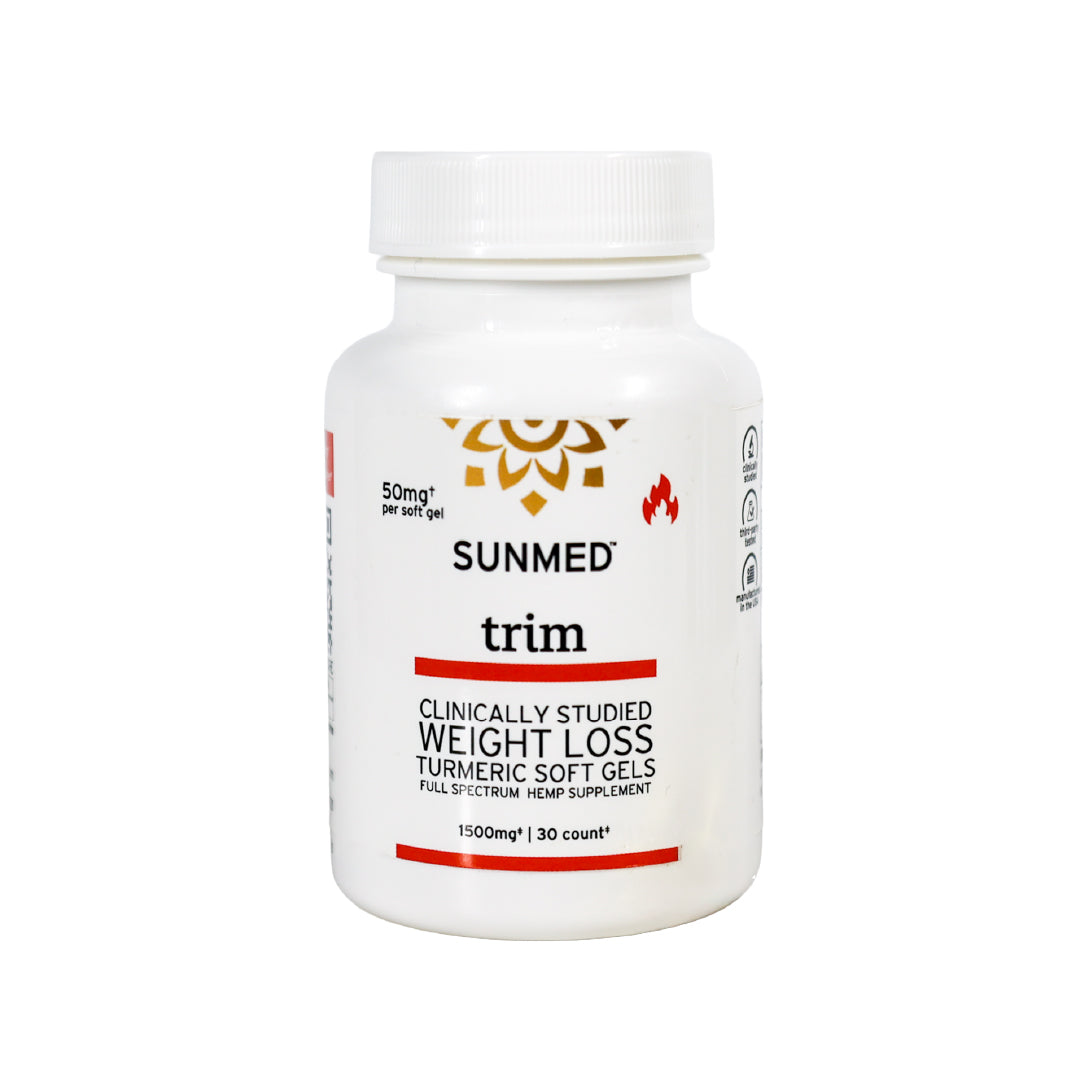 A white bottle labeled "Sunmed CBD Full Spectrum Trim Weight Loss Capsules," 30 count, is shown on a white background.
