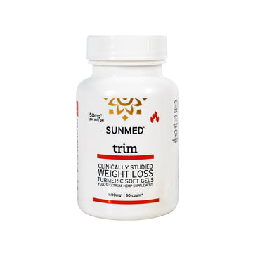 A white bottle labeled "Sunmed CBD Full Spectrum Trim Weight Loss Capsules," 30 count, is shown on a white background.