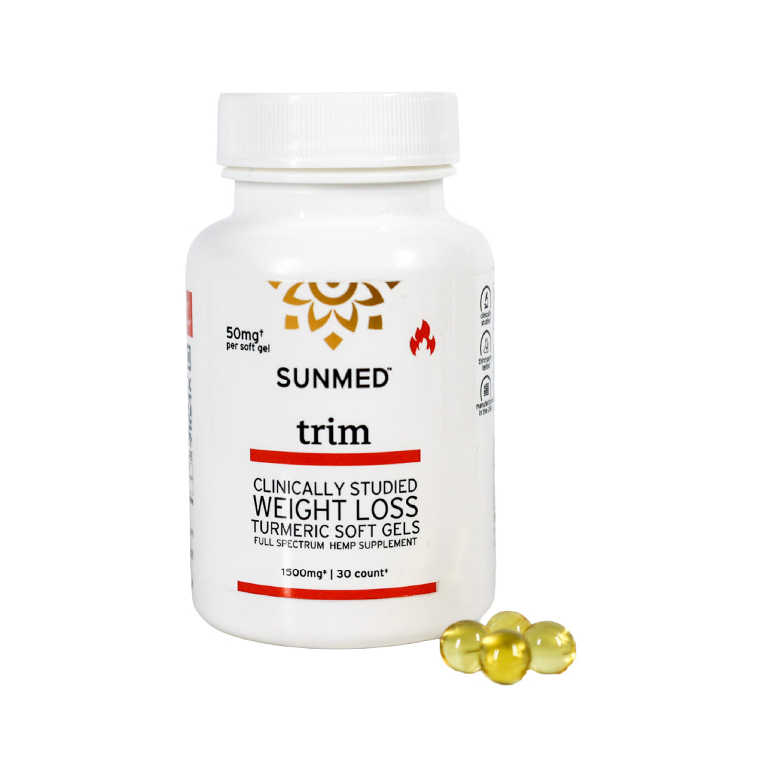 A white bottle labeled "Sunmed CBD Full Spectrum Trim Weight Loss Capsules" with three yellow hemp extract soft gel capsules beside it.