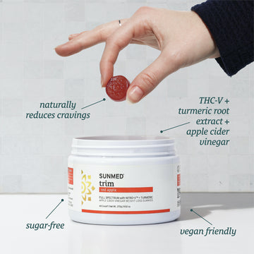 Hand holding a red gummy above an open container labeled "Sunmed CBD - Full Spectrum Trim Weight Loss Gummies" with descriptive notes around it, showcasing these weight loss gummies.