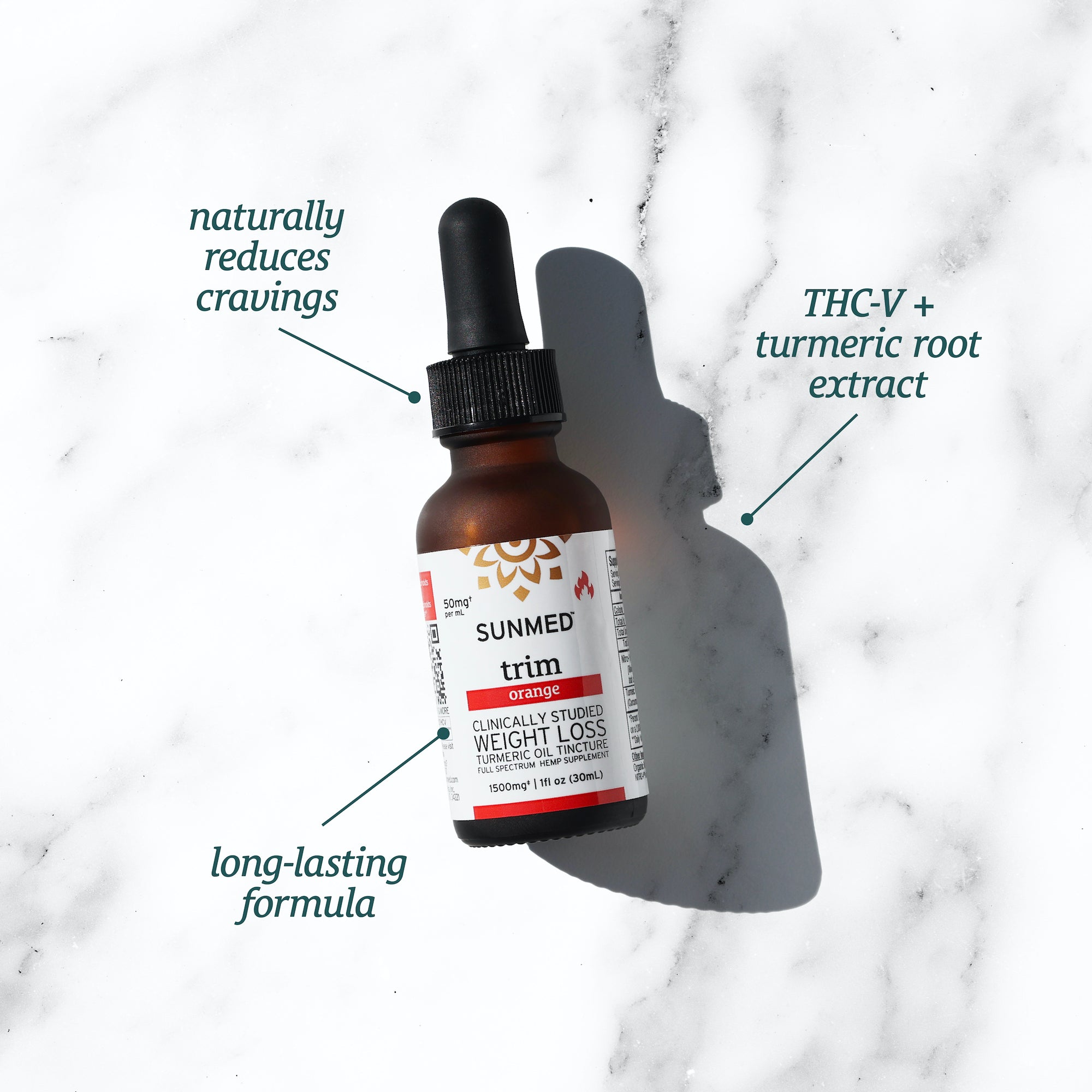 A bottle of Sunmed CBD Full Spectrum Trim Weight Loss Tincture with a pipette, placed on a marble surface, is labeled with benefits such as reducing cravings and long-lasting effects, and contains THCV extract.