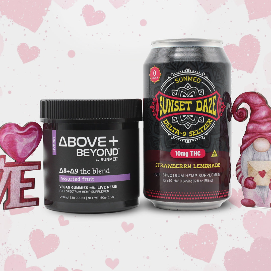 The Sunmed CBD ABOVE + BEYOND Gummies + Sunset Daze Seltzer Bundle is featured with pink heart and gnome decorations in the background.