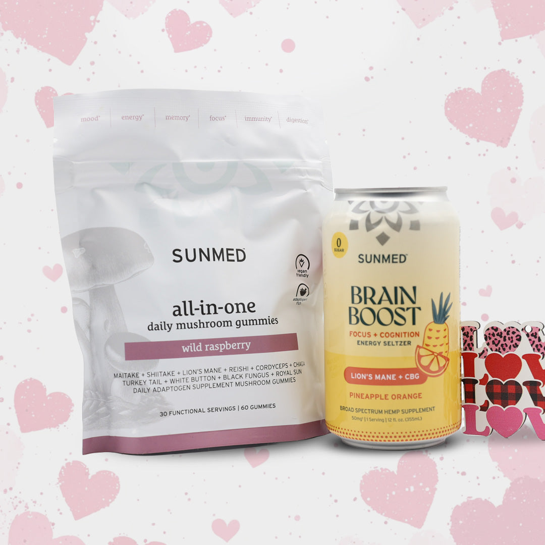 The Sunmed CBD Mushroom Gummies + Brain Boost Seltzer Bundle, pictured with pink hearts in the background.