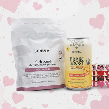 The Sunmed CBD Mushroom Gummies + Brain Boost Seltzer Bundle, pictured with pink hearts in the background.