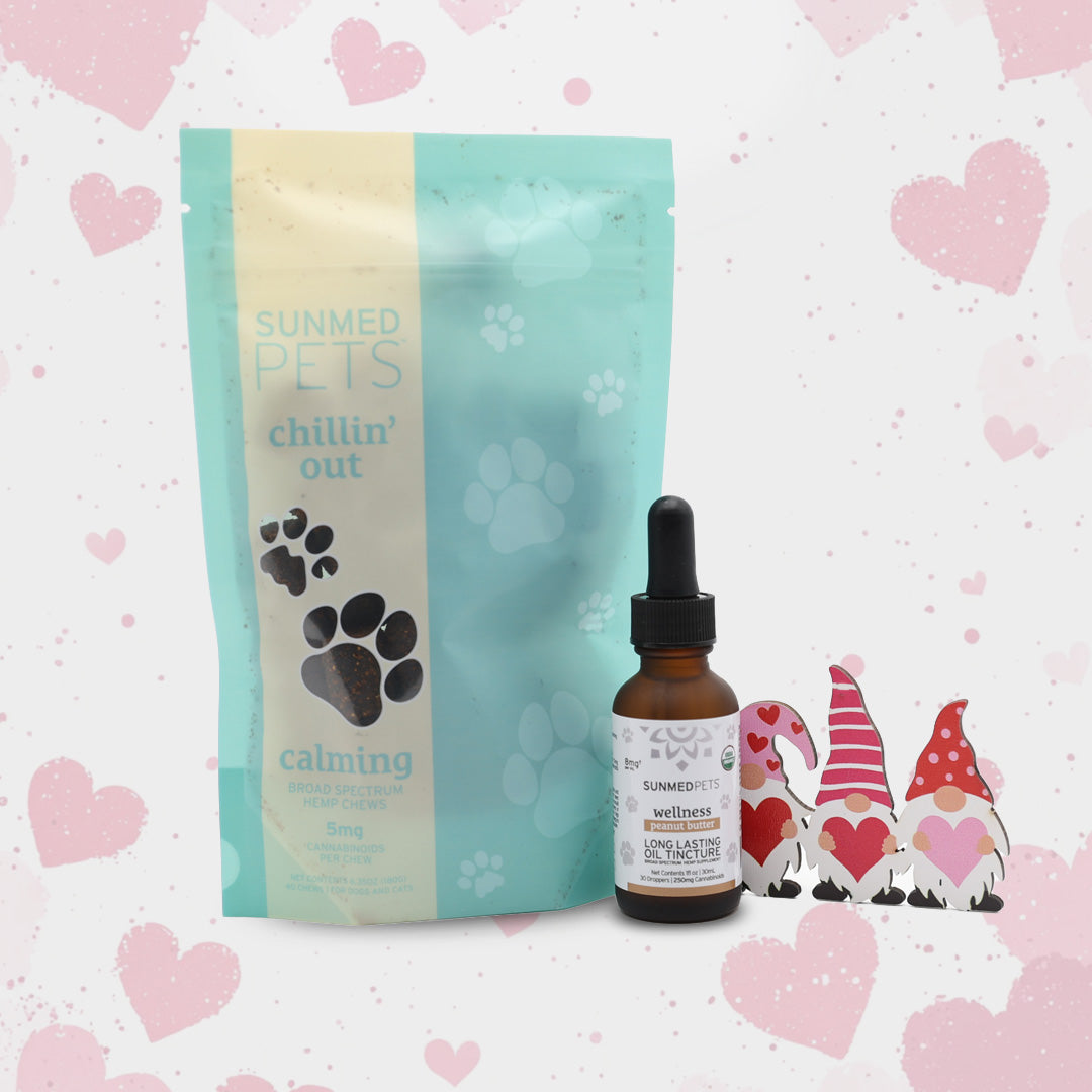 A bundle of Sunmed CBD’s Chillin' Out Pet Chews and Pet Tincture, featuring cheerful packaging with gnome illustrations and heart accents.