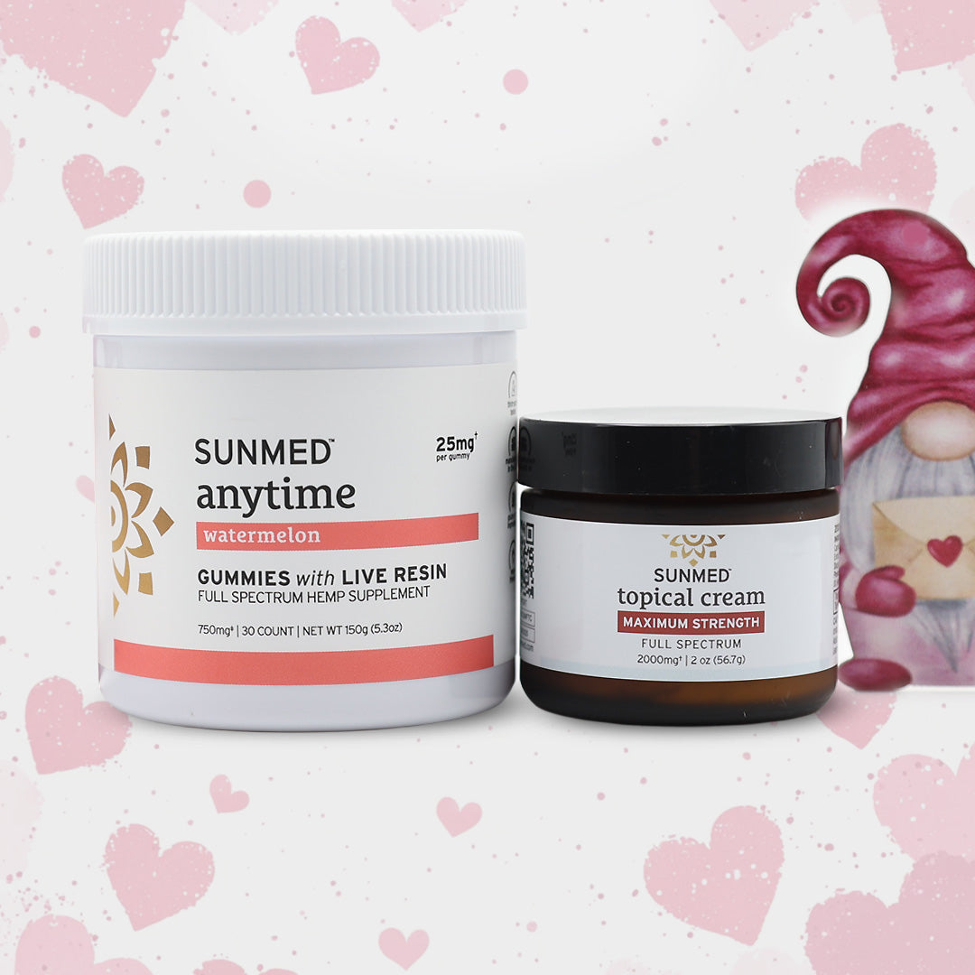The Sunmed CBD Full Spectrum Anytime Gummies + Topical Cream Bundle is shown with a gnome and pink heart background, featuring gummies on the left and topical cream on the right.