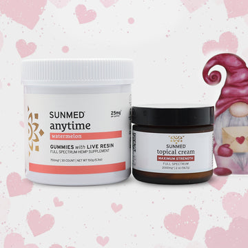 The Sunmed CBD Full Spectrum Anytime Gummies + Topical Cream Bundle is shown with a gnome and pink heart background, featuring gummies on the left and topical cream on the right.