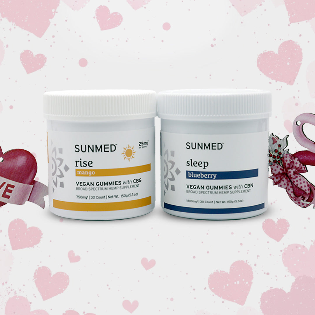 The Sunmed CBD Broad Spectrum Sleep + Rise Gummies Bundle features THC-free mango "Rise" gummies with CBG for daytime energy and blueberry "Sleep" gummies with CBN for restful nights—ideal for all-day wellness.