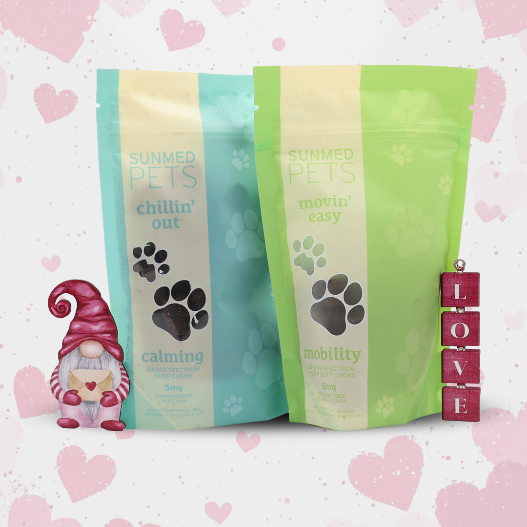 Two bags of Sunmed CBD Chillin' Out + Movin' Easy Pet Chew Bundle with heart and gnome designs are displayed on a pink heart background.