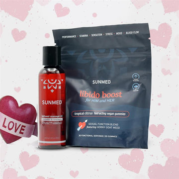 The Libido Gummies + Massage Oil Bundle by Sunmed CBD, featuring a red CBD massage oil and gummies pouch with heart and "LOVE" décor—ideal for enhancing your intimate wellness routine.