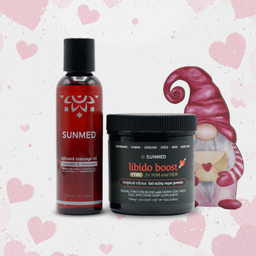 The Sunmed CBD Libido Gummies THC + Massage Oil Bundle is featured with a gnome and pink heart backdrop, showcasing their emphasis on Intimate Wellness.