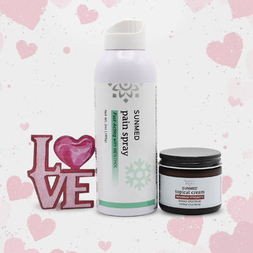 Two Sunmed CBD Broad Spectrum Topical Cream and Menthol Spray Bundle products are pictured with a pink "LOVE" sign on a heart-patterned background.