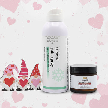 Sunmed CBD Full Spectrum Topical Cream + Menthol Spray Bundle for pain relief, with three red-hatted gnomes on a pink heart-patterned background.