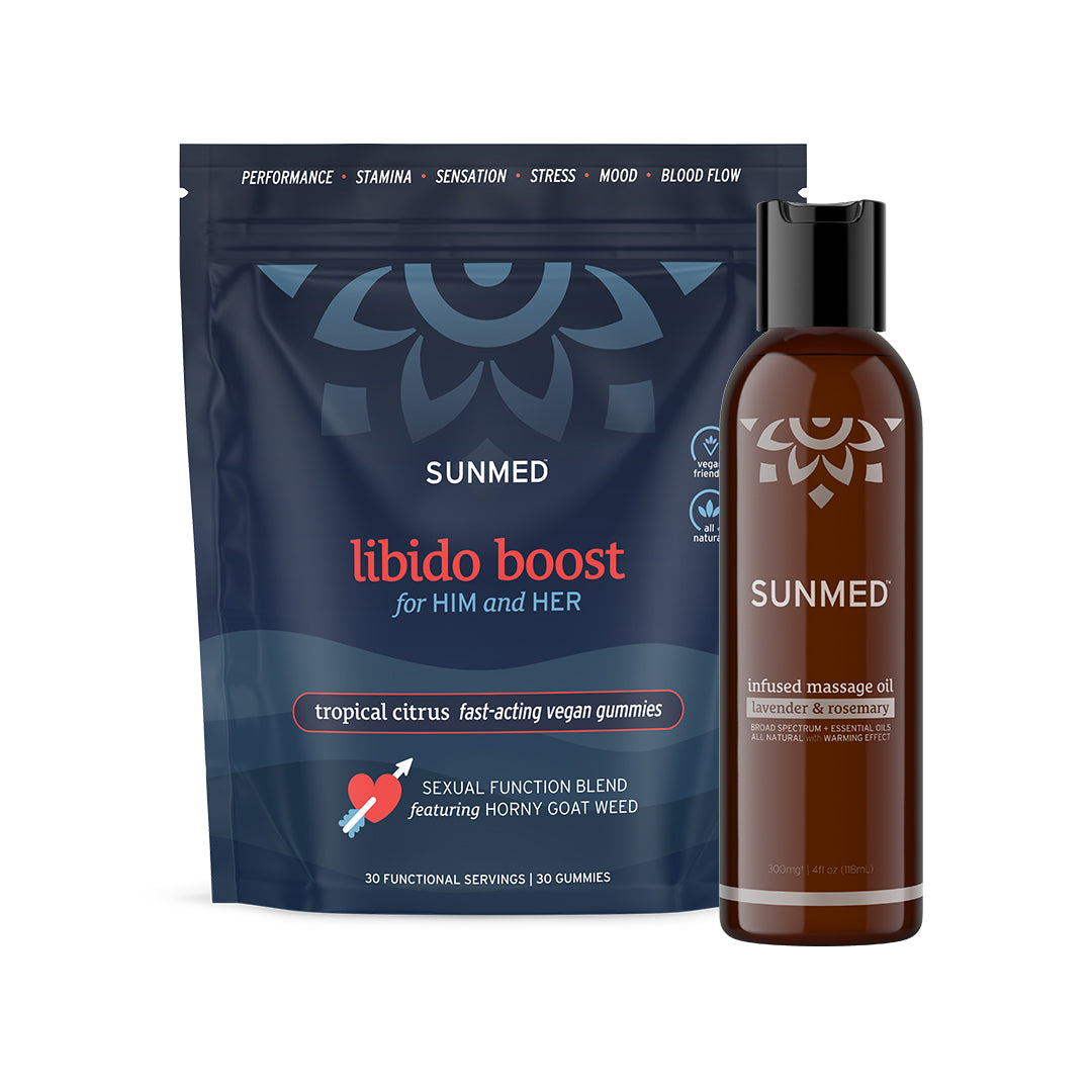 Sunmed CBD's Libido Gummies + Massage Oil Bundle combines broad spectrum CBD with invigorating tropical citrus and soothing lavender rosemary scents.