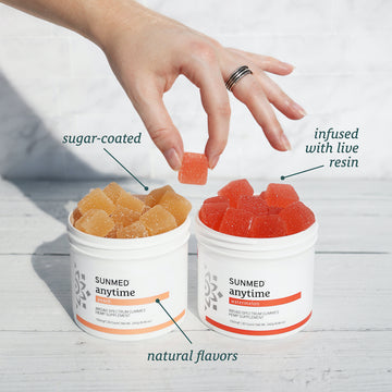 Hand holding a sugar-coated gummy above two containers labeled Sunmed CBD Broad Spectrum Anytime Gummies in natural flavors and watermelon, promising enhanced effects.