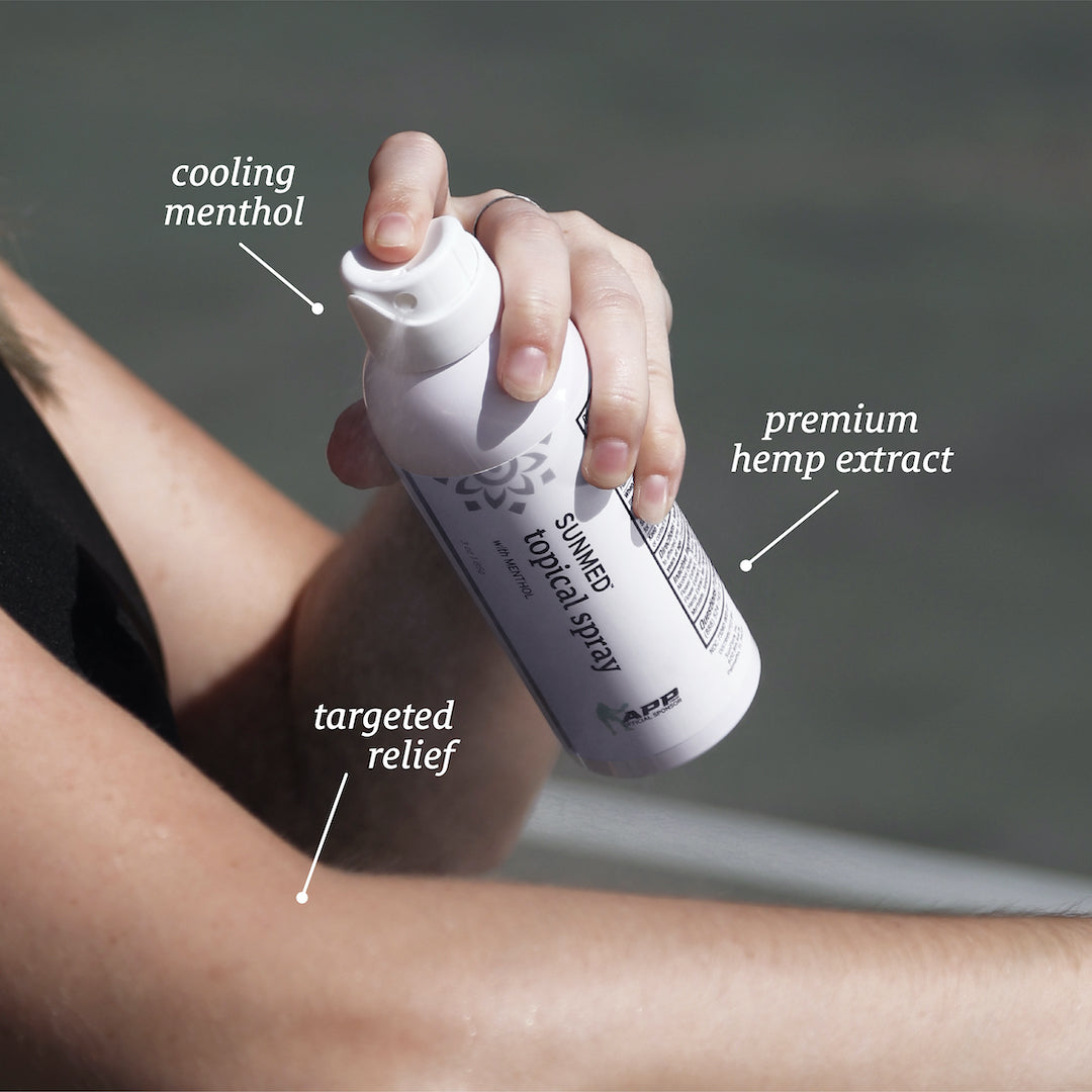 A person applying Sunmed CBD's Broad Spectrum CBD Menthol Spray for Pain to their arm, highlighting its cooling menthol and premium hemp extract for quick pain relief.