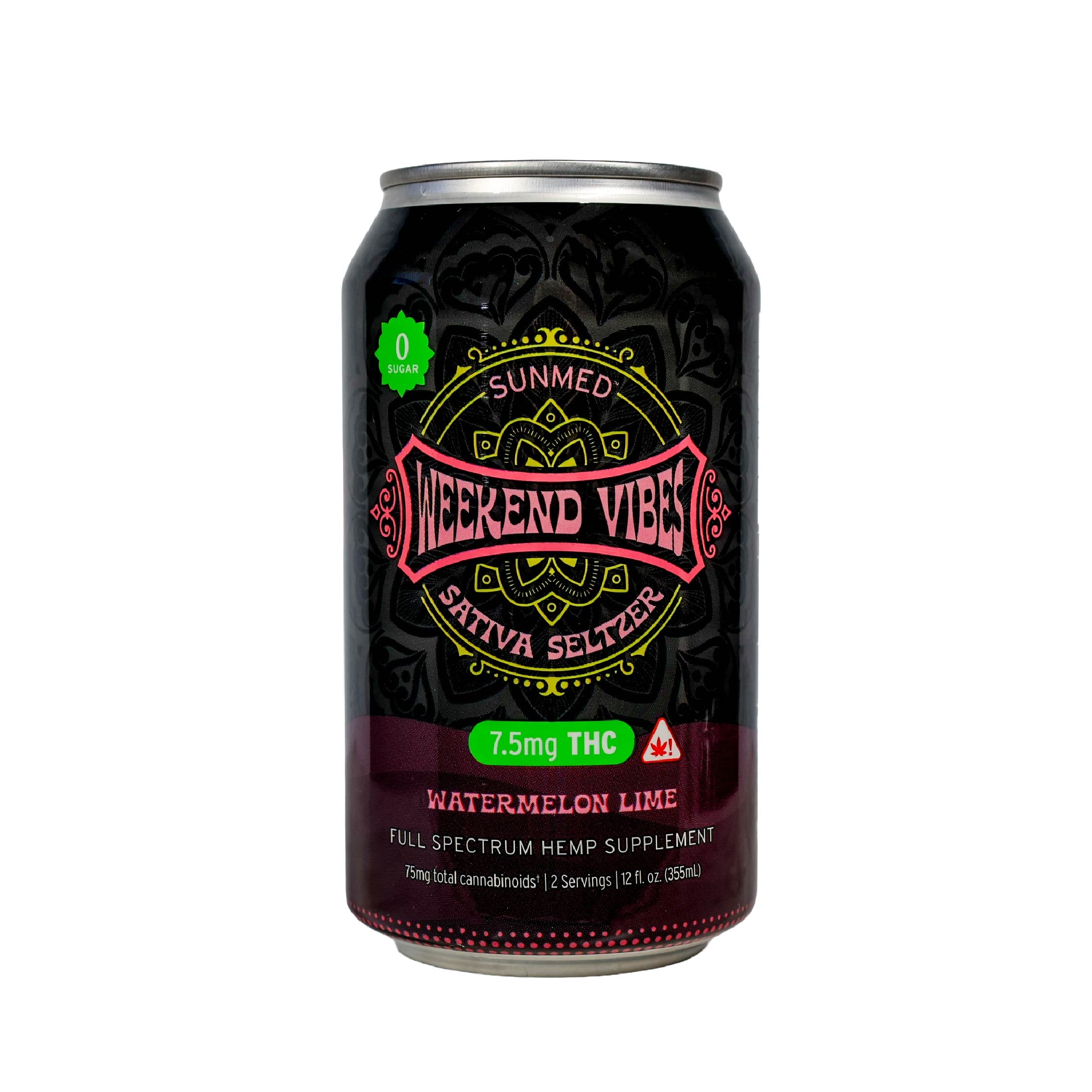 A can of Sunmed CBD Beyond Weekend Vibes Sativa THC Seltzer with 7.5mg Delta-9 THC—an alcohol-free way to enjoy a refreshing, uplifting experience.
