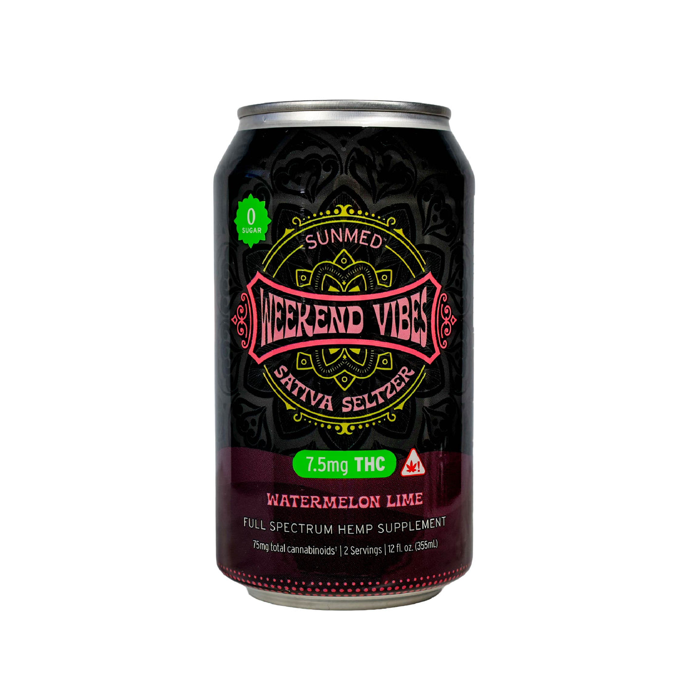 A can of Sunmed CBD Beyond Weekend Vibes Sativa THC Seltzer with 7.5mg Delta-9 THC—an alcohol-free way to enjoy a refreshing, uplifting experience.