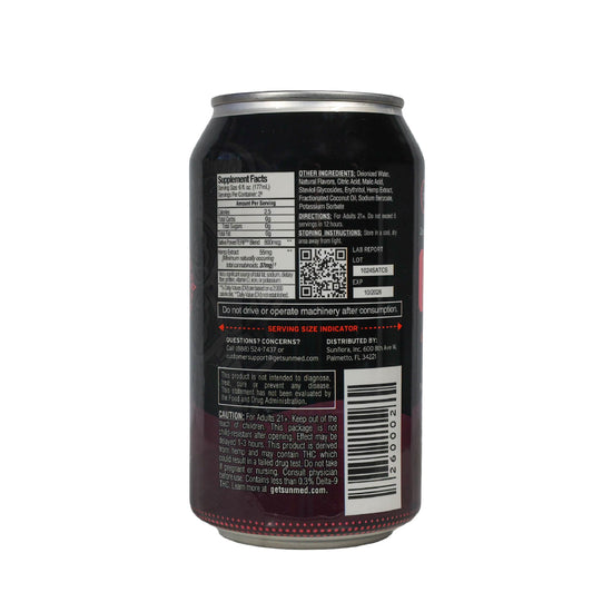Back of a Beyond Weekend Vibes Sativa THC Seltzer can by Sunmed CBD showing nutrition facts, ingredients, warnings, and barcode—ideal for those wanting a Delta-9 THC boost without alcohol.