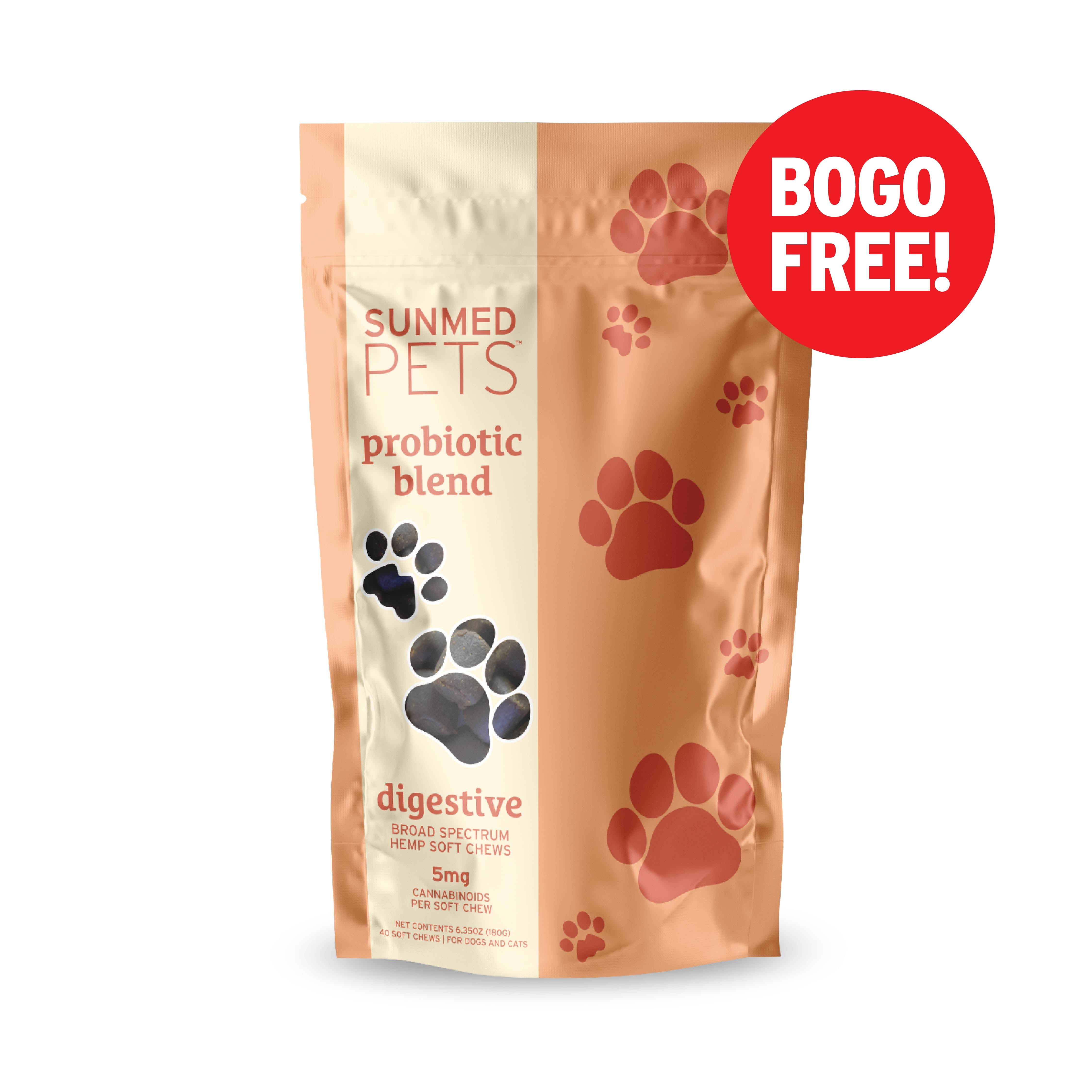 Sunmed CBD Broad Spectrum Probiotic CBD Pet Chews bag features paw prints and a red "BOGO FREE!" label, formulated to support pet digestion with a powerful probiotic blend.