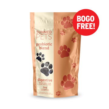 Sunmed CBD Broad Spectrum Probiotic CBD Pet Chews bag features paw prints and a red "BOGO FREE!" label, formulated to support pet digestion with a powerful probiotic blend.